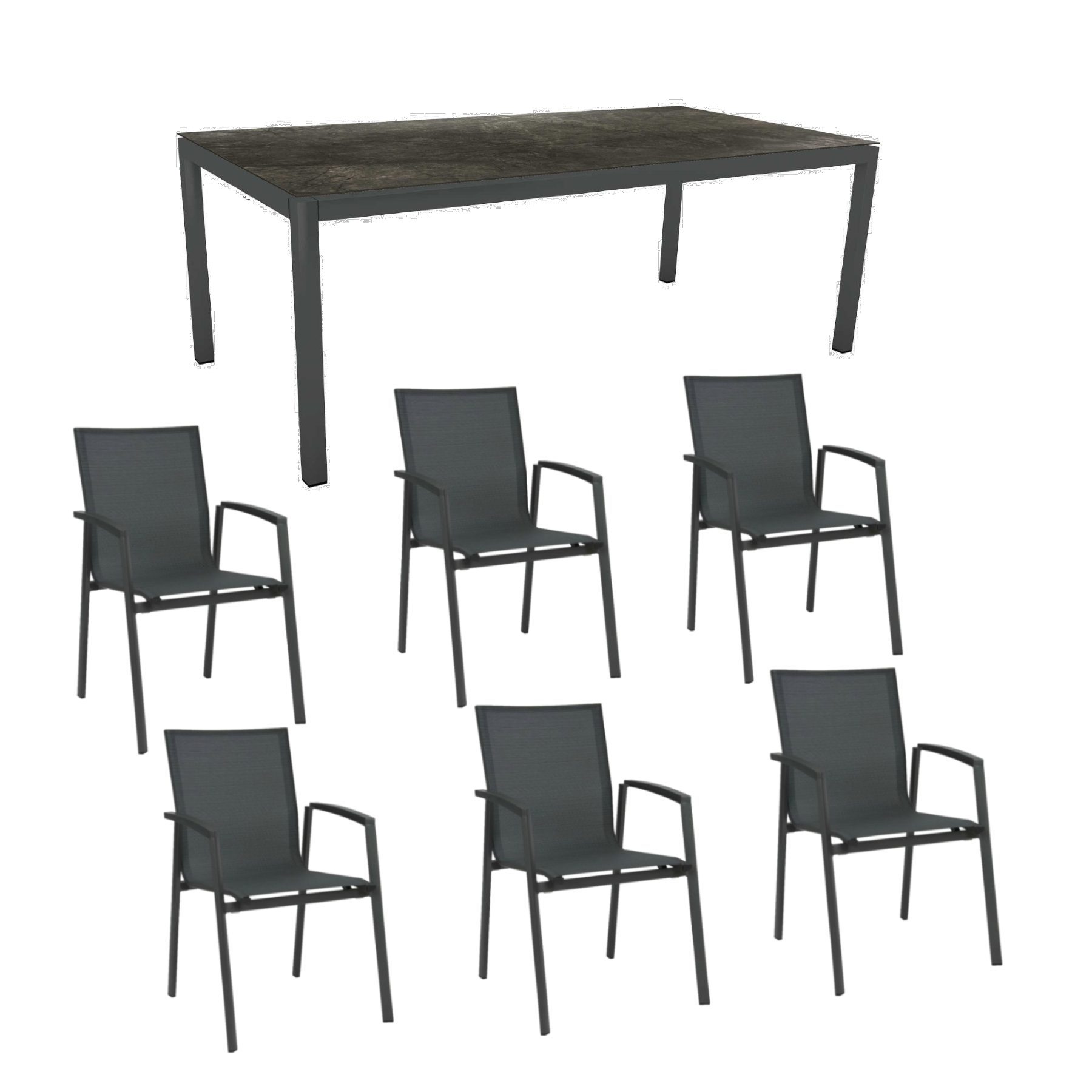 Stern Gartenmöbel-Set mit Stuhl "New Top“ und Gartentisch Aluminium/HPL, Gestelle Aluminium anthrazit, Sitz Textil karbon, Tischplatte HPL Dark Marble