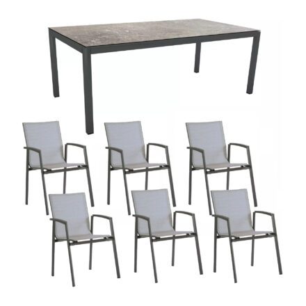 Stern Gartenmöbel-Set mit Stuhl "New Top“ und Gartentisch Aluminium/HPL, Gestelle Aluminium anthrazit, Sitz Textil silber, Tischplatte HPL Vintage Stone