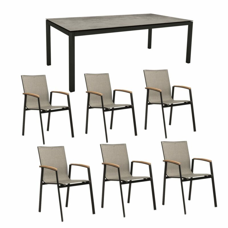 Stern Gartenmöbel-Set "New Top", Gestelle Aluminium schwarz matt, Tischplatte HPL Zement 200x100cm, Sitz- und Rückenfläche Textilgewebe Leinen grau