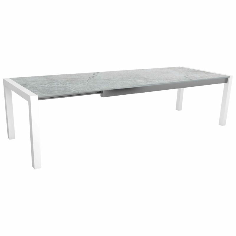 Stern Ausziehtisch mit Standard-Auszug, Gestell Aluminium weiß, Tischplatte Dekton Lava hellgrau, 214/274x100 cm