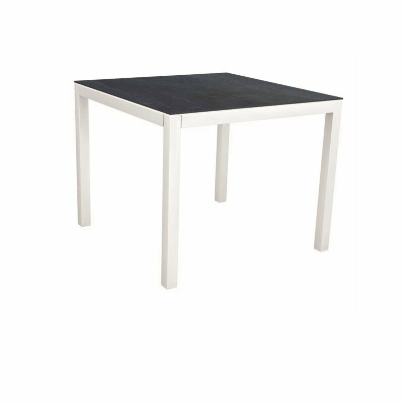 Stern Tischsystem, Gestell Aluminium weiß, Tischplatte Dekton Lava anthrazit, 90x90 cm