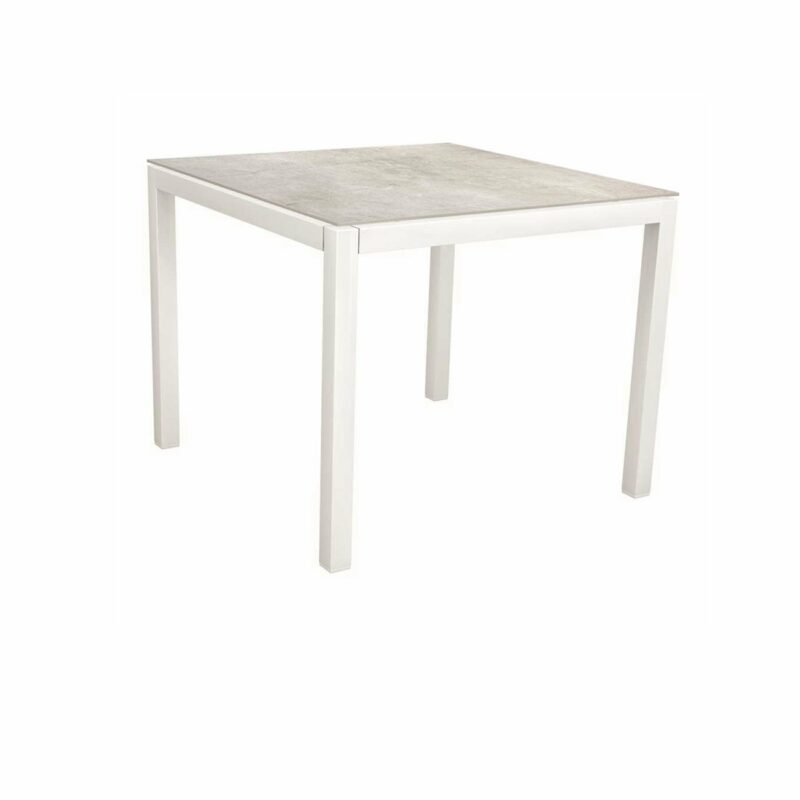 Stern Tischsystem, Gestell Aluminium weiß, Tischplatte Dekton Lava hellgrau, 90x90 cm
