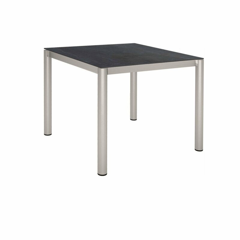 Stern Tischsystem, Gestell Edelstahl Rundrohr, Tischplatte Dekton Lava anthrazit, 90x90 cm