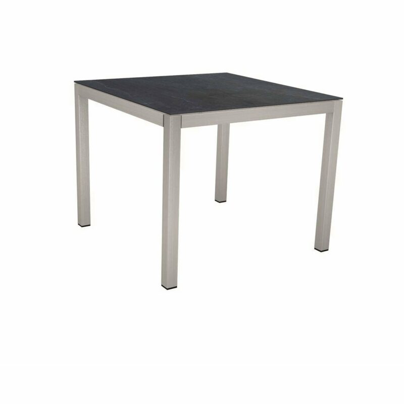 Stern Tischsystem, Gestell Edelstahl Vierkantrohr, Tischplatte Dekton Lava anthrazit, 90x90 cm