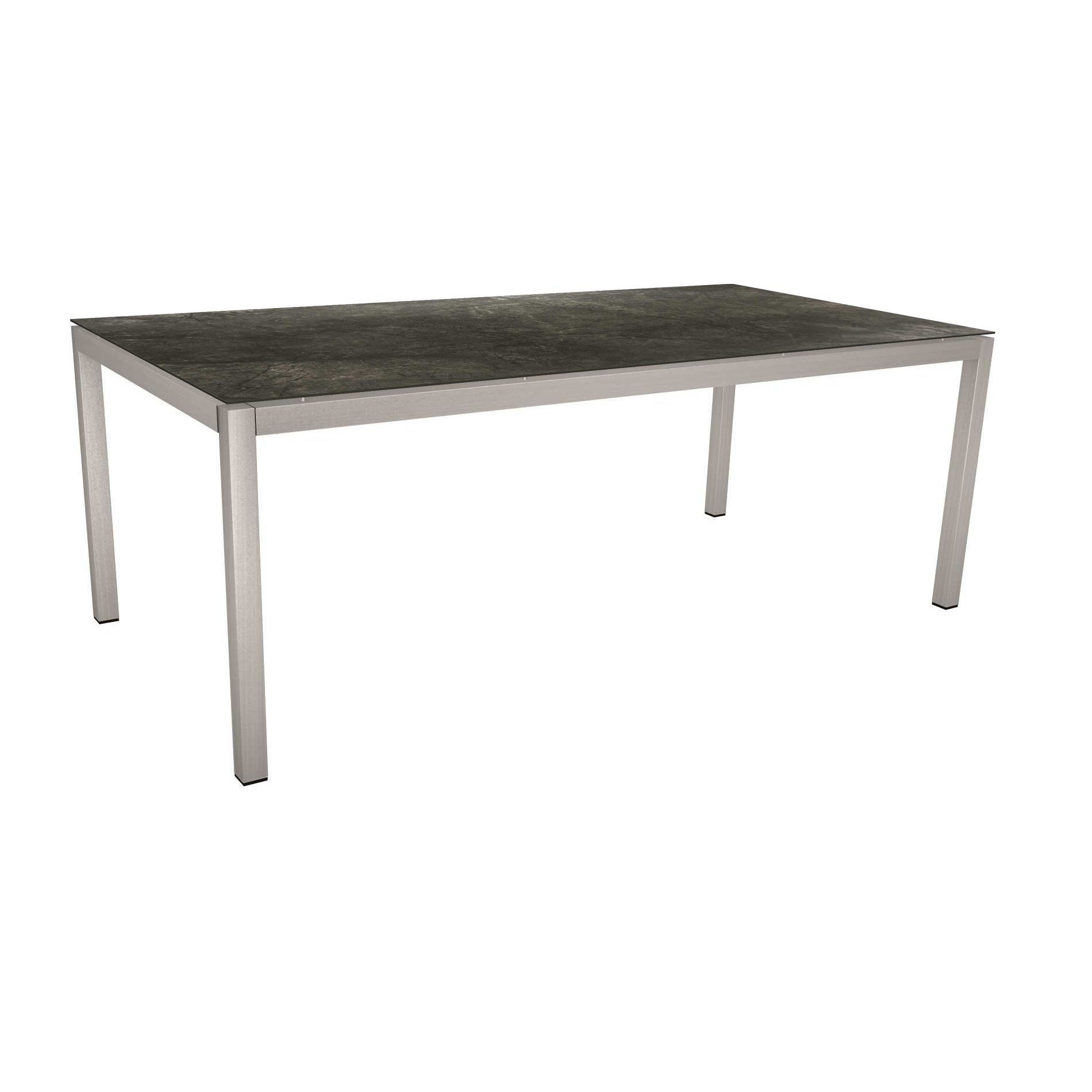 Stern Tischsystem, Gestell Edelstahl Vierkantrohr, Tischplatte HPL Dark Marble, 200x100 cm