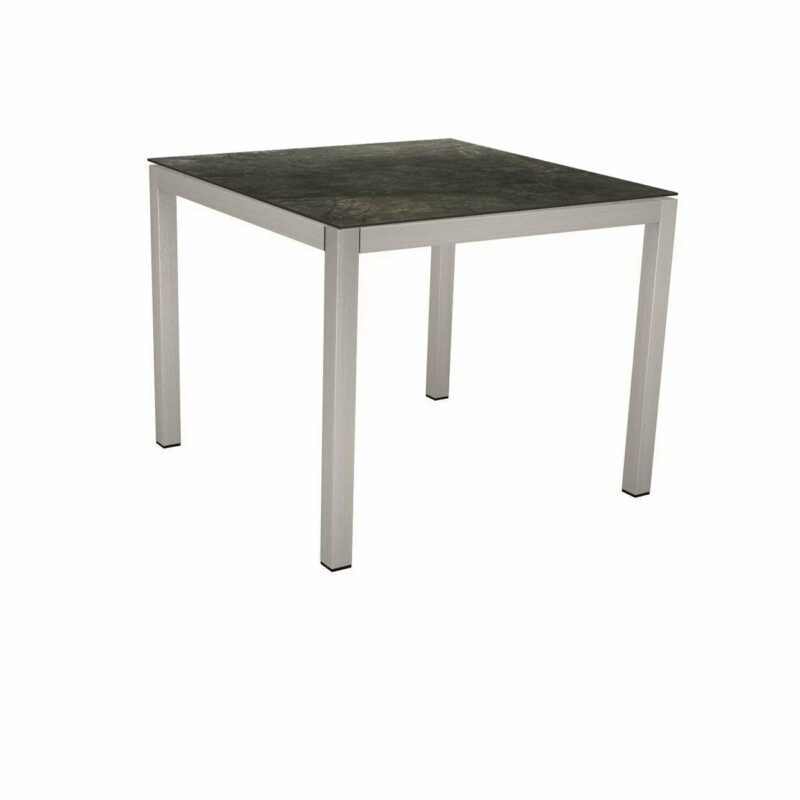 Stern Tischsystem, Gestell Edelstahl Vierkantrohr, Tischplatte HPL Dark Marble, 90x90 cm