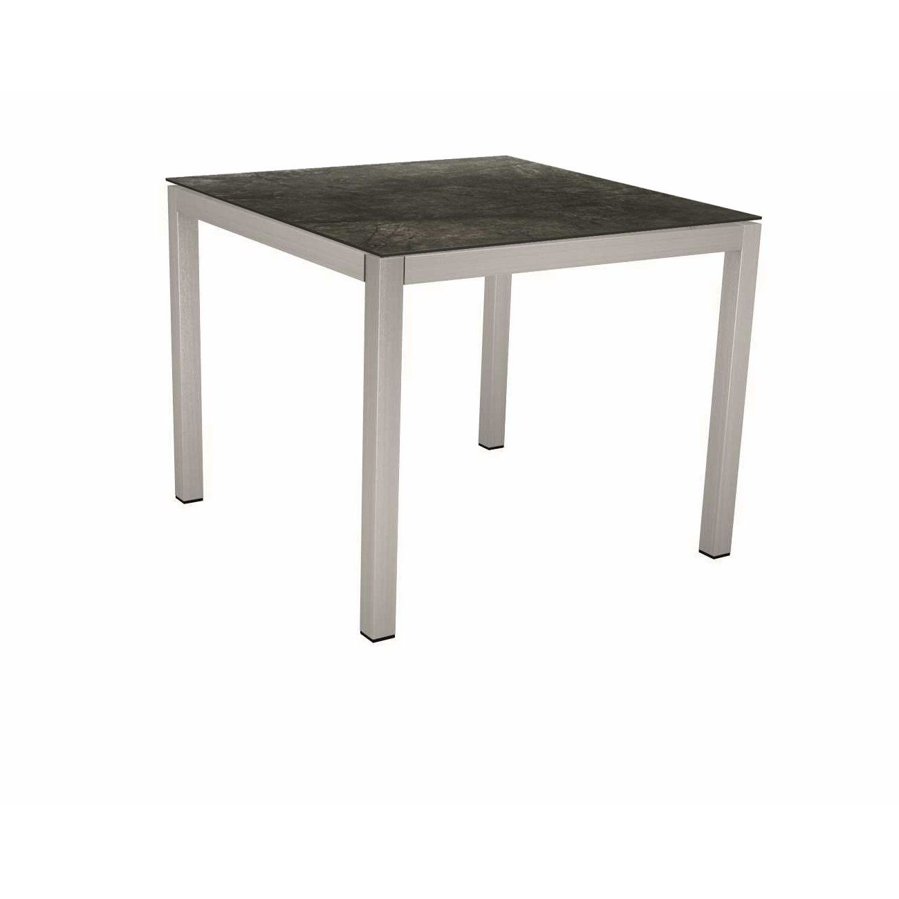 Stern Tischsystem, Gestell Edelstahl Vierkantrohr, Tischplatte HPL Dark Marble, 80x80 cm