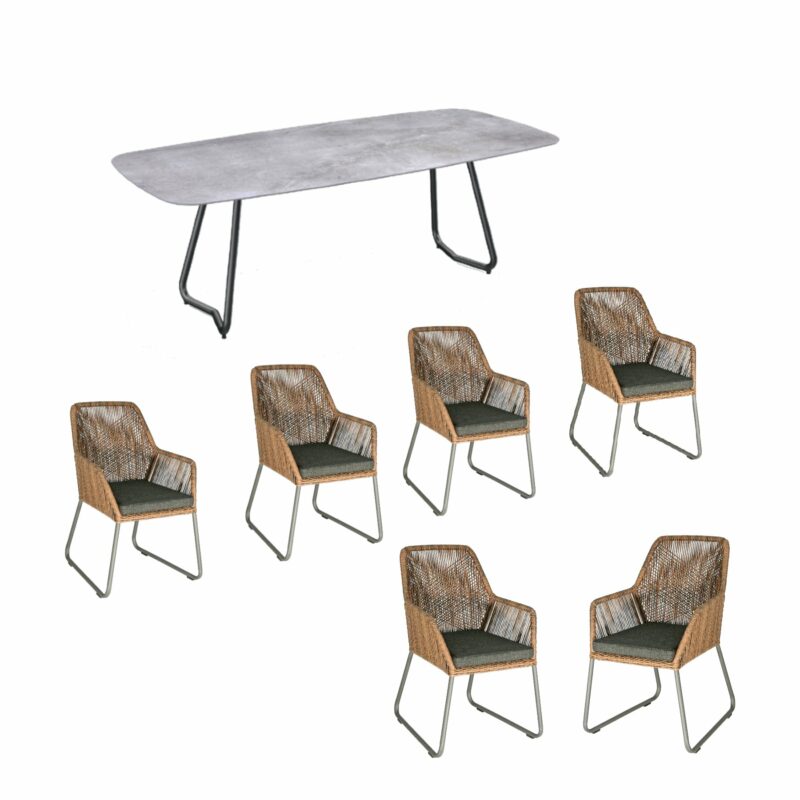 SIT Mobilia Set mit Gartentisch "Jura-Delemont", Gestell Stahl, Tischplatte Dekton Soke, 220x100 cm, Stuhl "Allanis", Gestell Alu eisengrau, Bespannung Twisted Abaco Philipino, Kissen schwarz