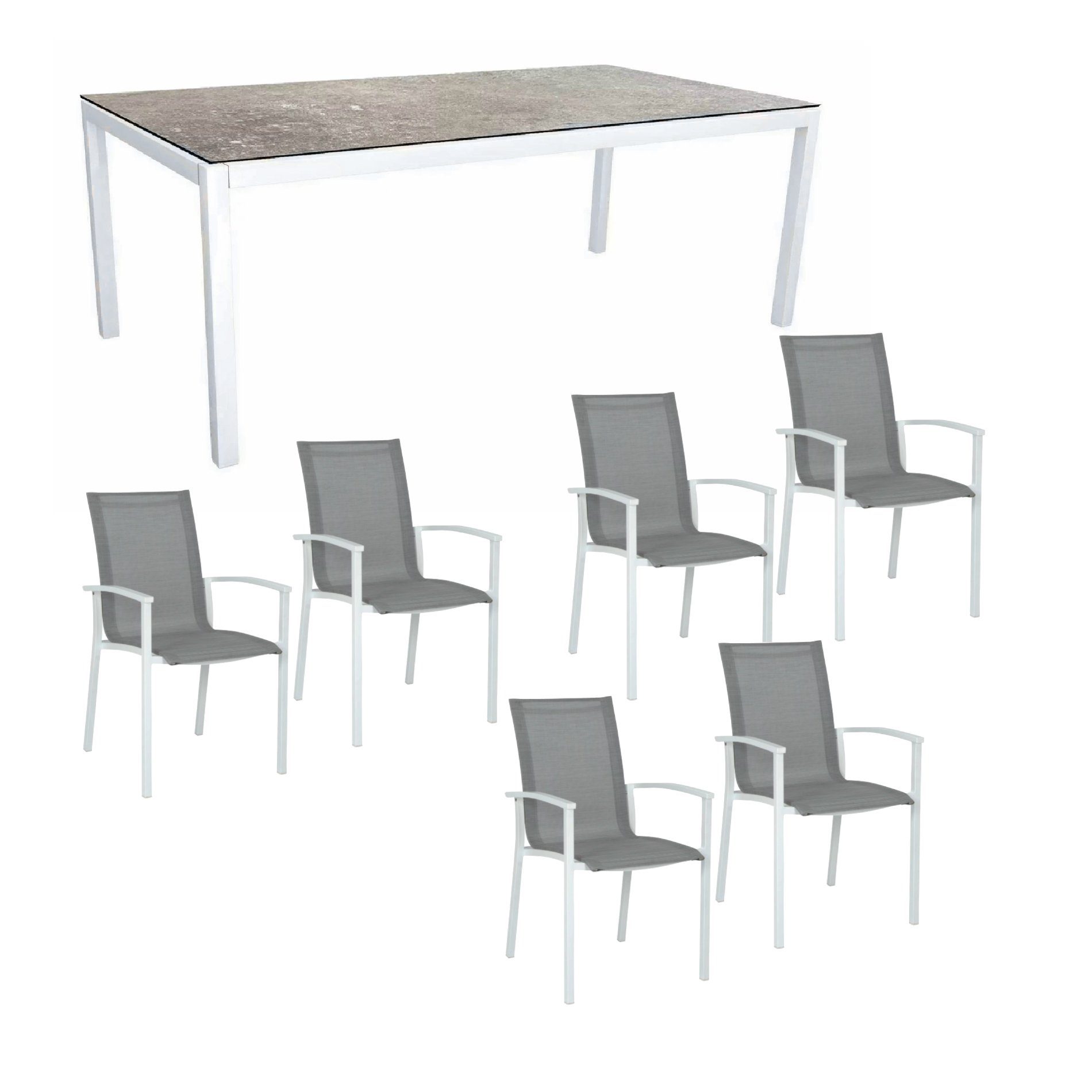 Stern Gartenmöbel-Set "Evoee", Gestelle Aluminium weiß, Tischplatte HPL Vintage Stone 200x100 cm, Sitz- und Rückenfläche Textilgewebe silberfarben