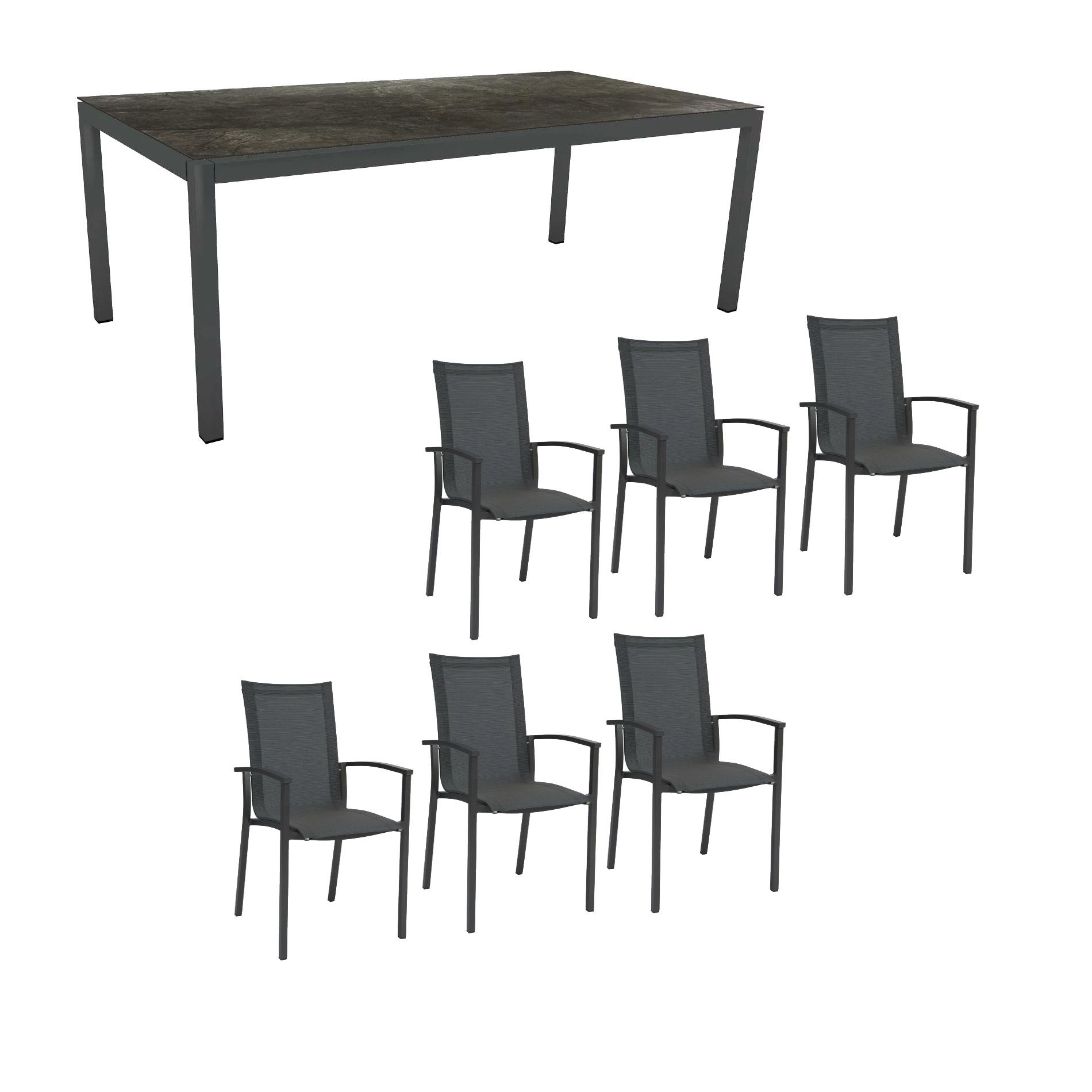 Stern Gartenmöbel-Set "Evoee", Gestelle Aluminium anthrazit, Tischplatte HPL Dark Marble 200x100 cm, Sitz- und Rückenfläche Textilgewebe karbonfarben, Armlehnen anthrazit