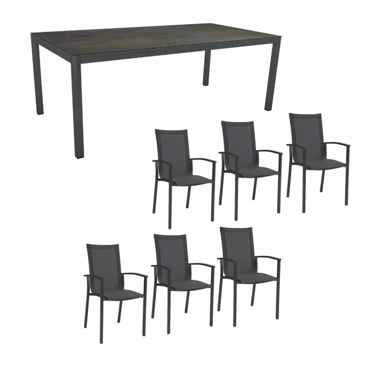 Stern Gartenmöbel-Set "Evoee", Gestelle Aluminium anthrazit, Tischplatte HPL Nitro 200x100 cm, Sitz- und Rückenfläche Textilgewebe karbonfarben, Armlehnen anthrazit