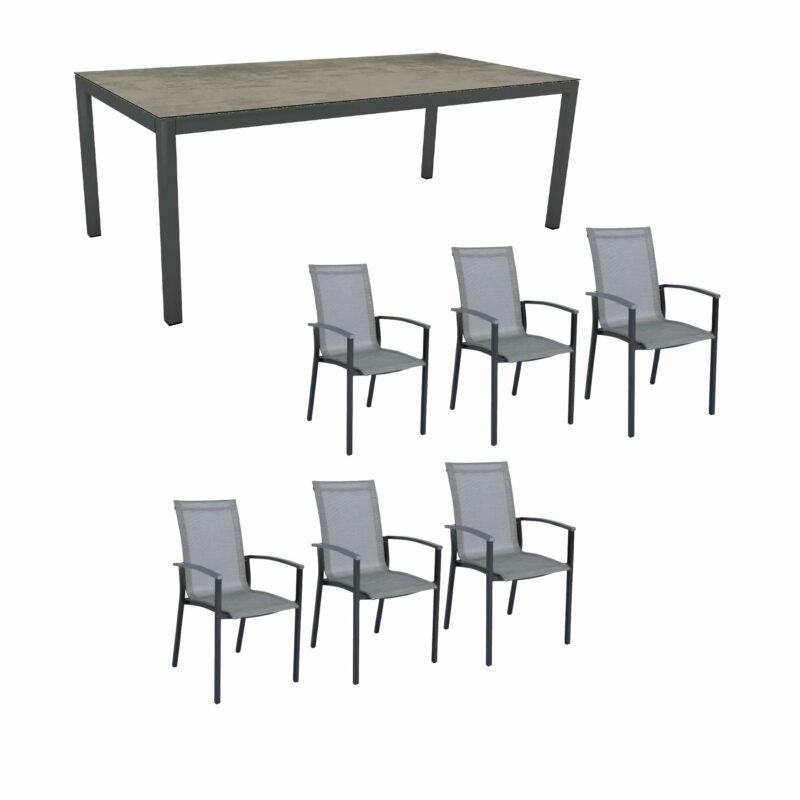 Stern Gartenmöbel-Set "Evoee", Gestelle Aluminium anthrazit, Tischplatte HPL Zement 200x100cm, Sitz- und Rückenfläche Textilgewebe silber, Armlehnen graphit