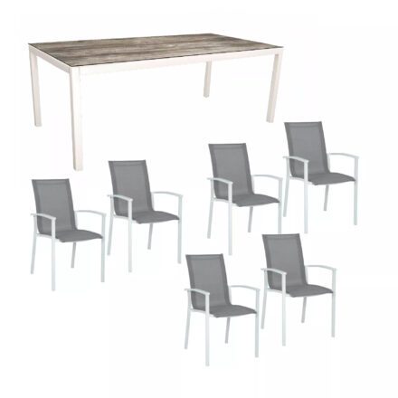 Stern Gartenmöbel-Set "Evoee", Gestelle Aluminium weiß, Tischplatte HPL Tundra Grau 200x100 cm, Sitz- und Rückenfläche Textilgewebe silberfarben