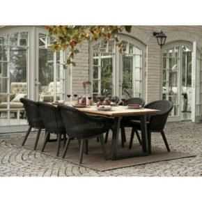 Brafab Gartenmöbel-Set mit Dining Sessel "Beverly" und Tisch "Laurion", Gestelle Aluminium anthrazit, Sitzfläche Polyrattan schwarz, Kissen grau, Tischplatte Teak