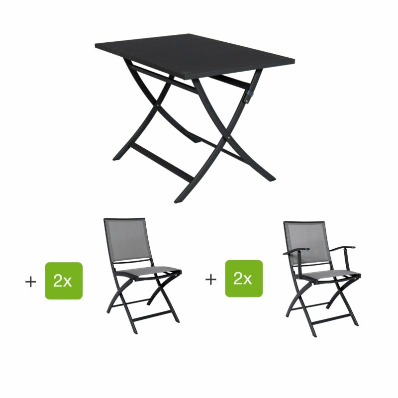 Jati&Kebon Gartenmöbel-Set mit Tisch "Marida" und Klappstuhl "Feodal", Aluminium eisengrau