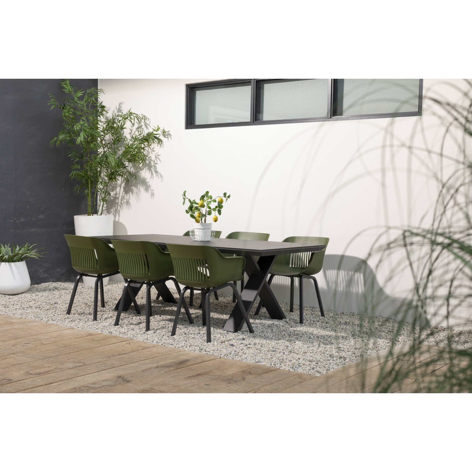 Hartmann Gartenmöbel-Set mit Tisch "Xanadu" und 6 Stühlen "Jill", Aluminium xerix. Sitzschale moosgrün
