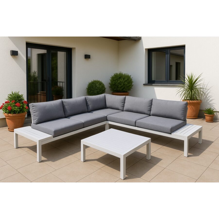 Home Islands "Laos" Loungeset 4-tlg., Gestell Aluminium weiß, Kissen hellgrau, Ablagen Aluminium (Bild KI-generiert)