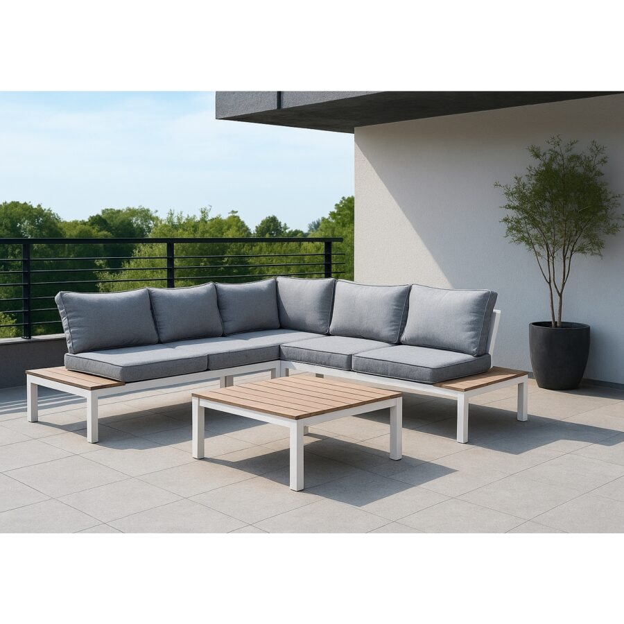 Home Islands "Laos" Loungegruppe, Gestell Aluminium weiß, Kissen hellgrau, Ablagen Polywood (Bild KI-generiert)