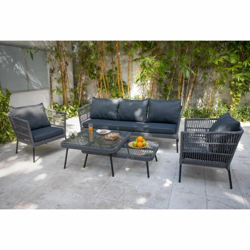Home Islands Loungeserie "Mekong", Gestell Aluminium schwarz matt, Rope-Bespannung hellgrau, Kissen anthrazit, Tischplatten Glas