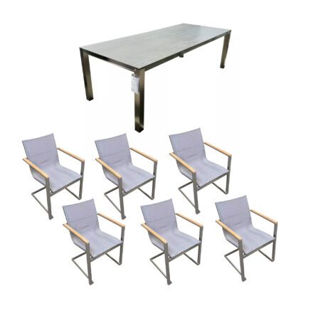 Home Islands Freischwinger "Daiki", Armlehne Teak, mit Tisch 240x100 cm "Miharu", Edelstahl