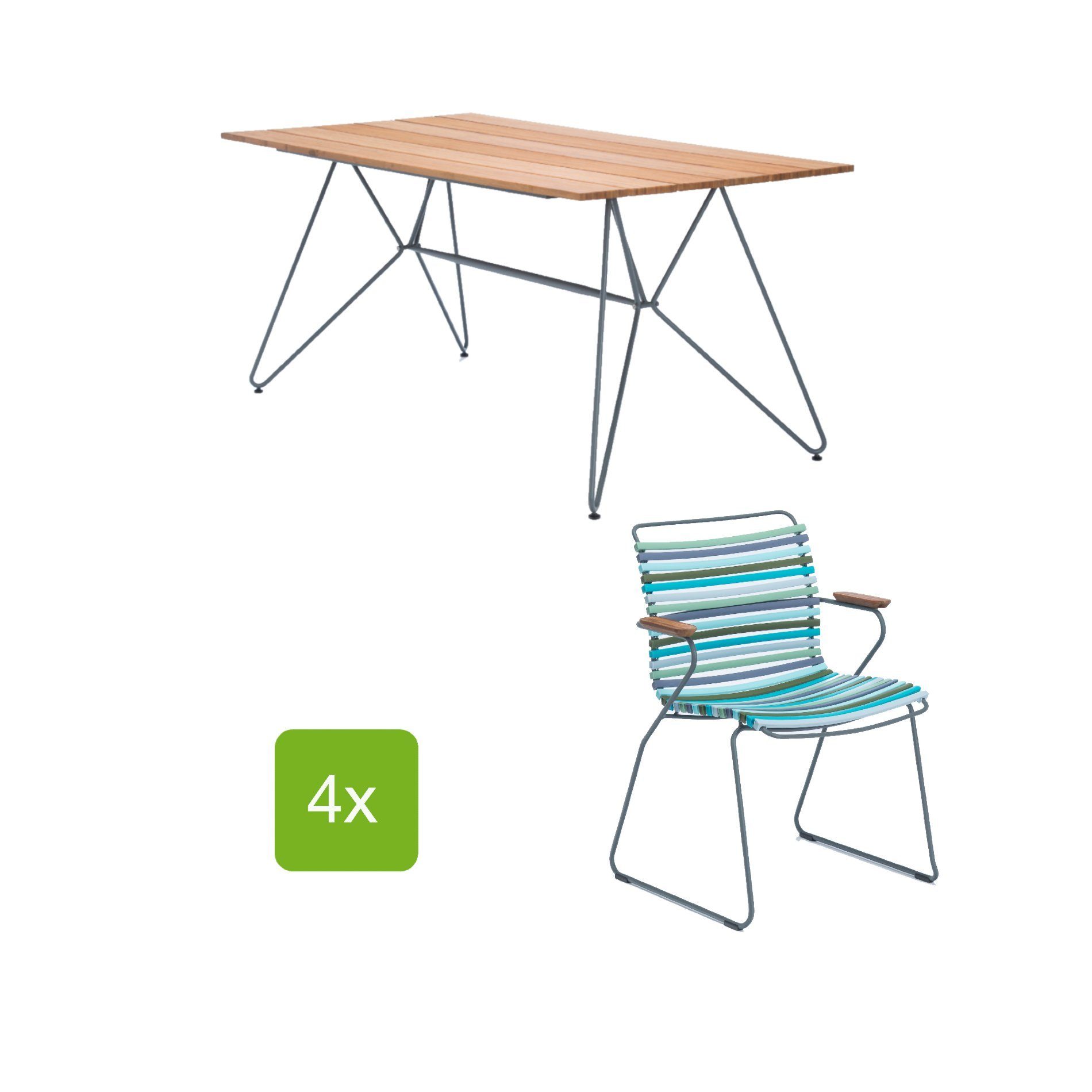 Gartentisch "Sketch" 160x88 cm mit 4 Stühlen "Click", Lamellen multi color 2