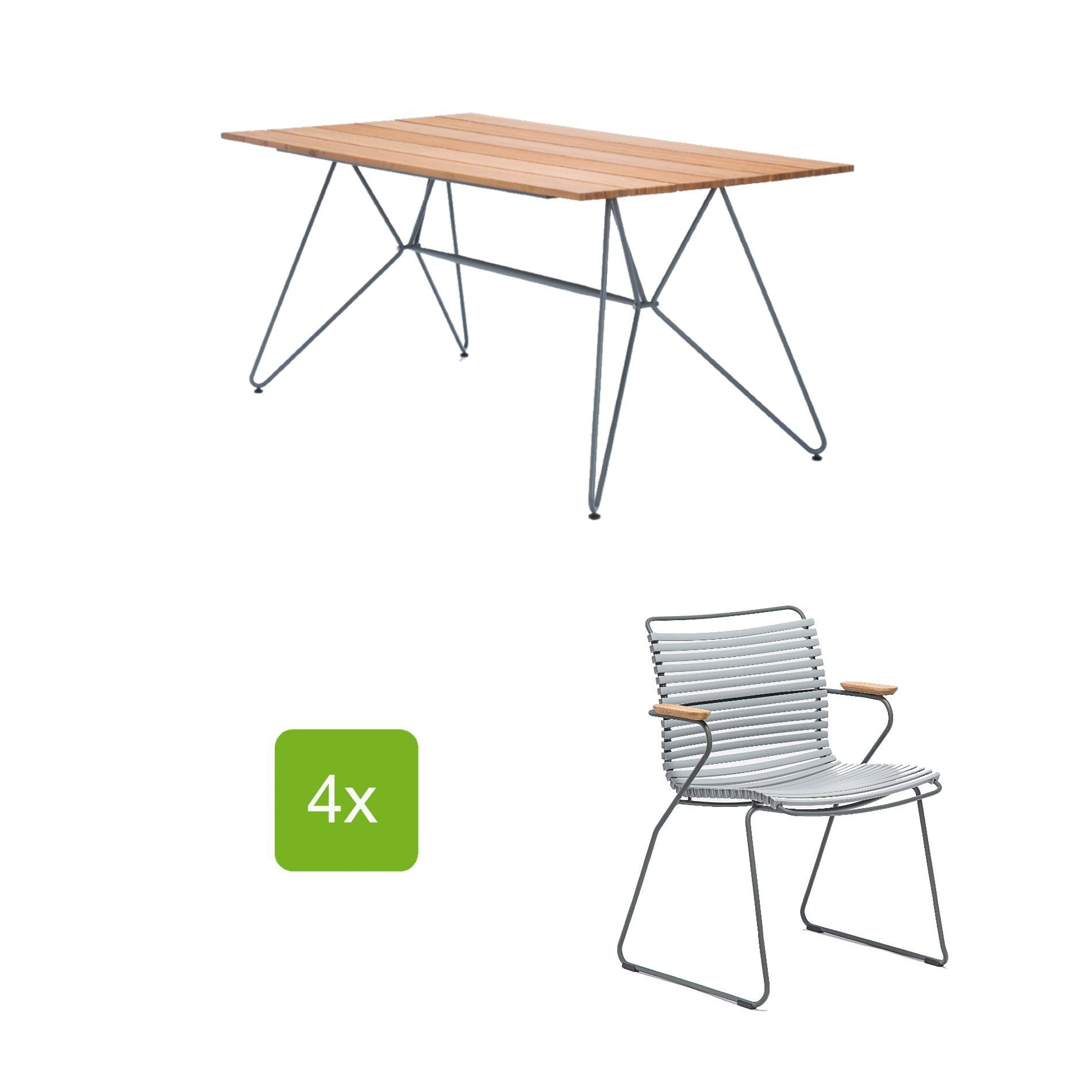 Gartentisch "Sketch" 160x88 cm mit 4 Stühlen "Click", Lamellen grau
