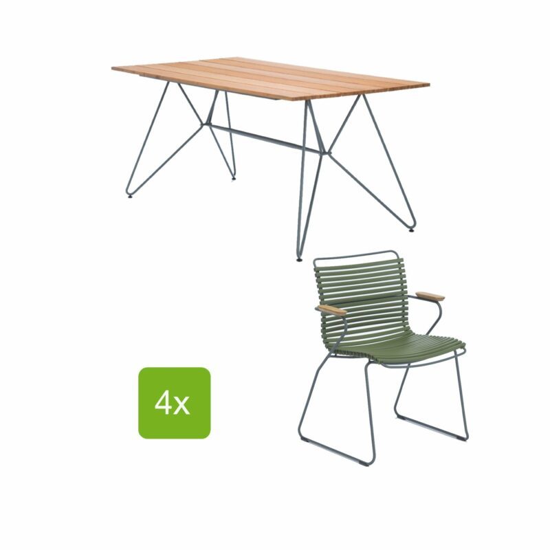 Gartentisch "Sketch" 160x88 cm mit 4 Stühlen "Click", Lamellen olivgrün