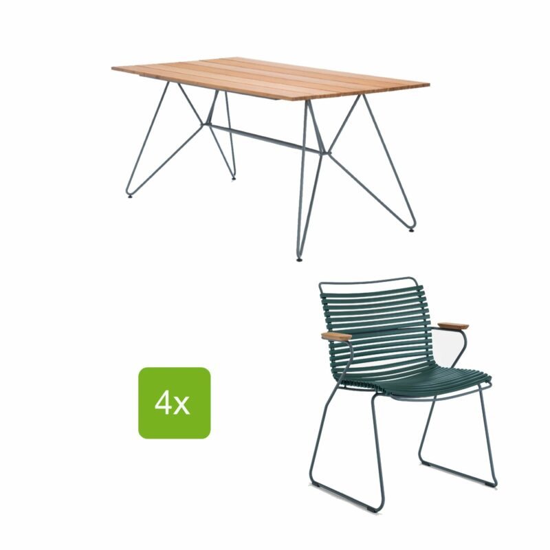 Gartentisch "Sketch" 160x88 cm mit 4 Stühlen "Click", Lamellen pine green