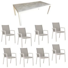 Jati&Kebon Gartenmöbel-Set mit Stapelstuhl "Sevilla" mit Textilgewebe hellgrau und Ausziehtisch "Livorno", Alu weiß, Tischplatte HPL Granit hellgrau