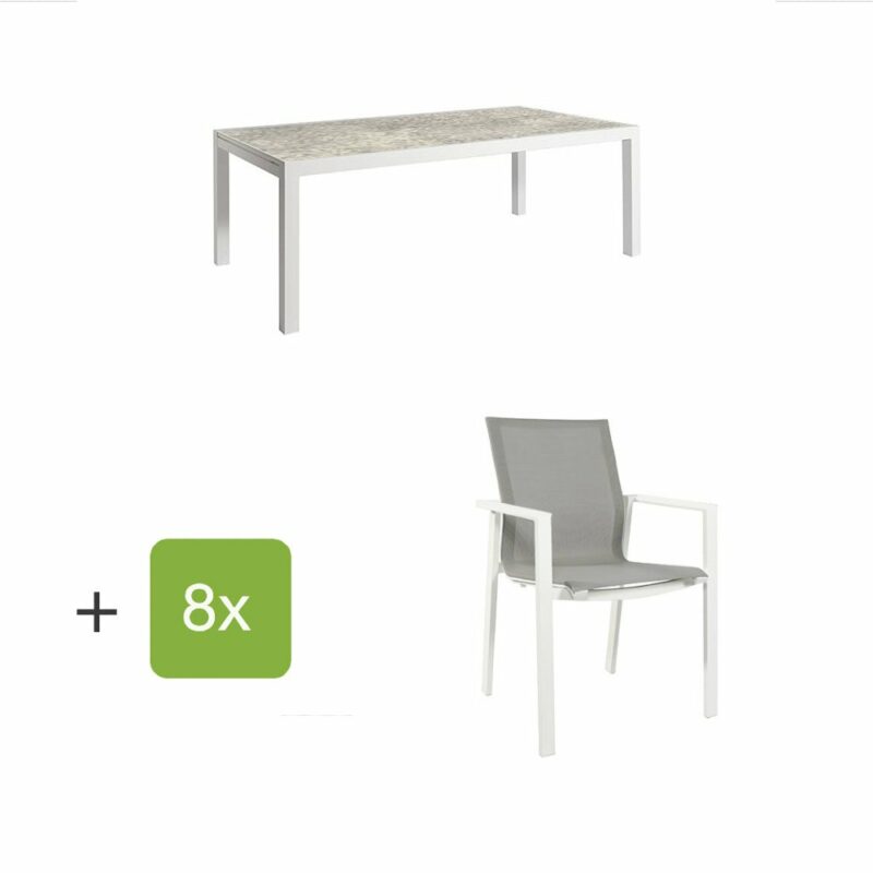 Jati&Kebon Gartenmöbel-Set mit Ausziehtisch "Livorno", Alu weiß, Tischplatte HPL hellgrau und acht Stühlen "Beja", Alu weiß, Textilen hellgrau