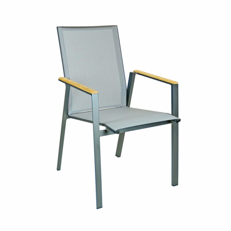 SIT Mobilia Stapelstuhl “Merlo“, Gestell Aluminium eisengrau, Bespannung Textilen silber, Armlehne Teakholz-Auflage