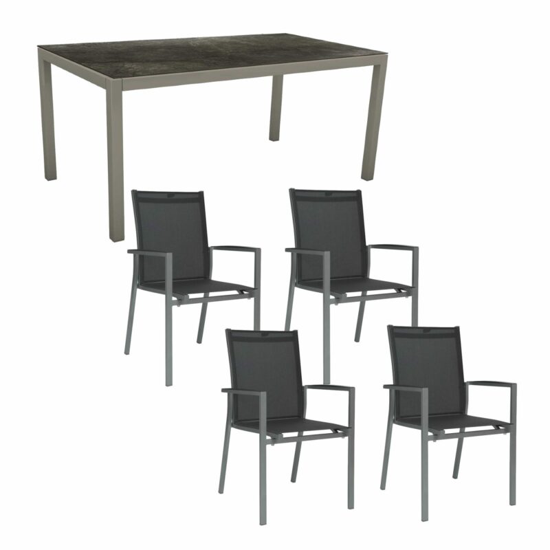 Stern Gartenmöbel-Set “New Levanto“ mit Tisch Alu/HPL, Gestelle Alu graphit, Textilgewebe silbergrau, Platte HPL Dark Marble, 130x80 cm