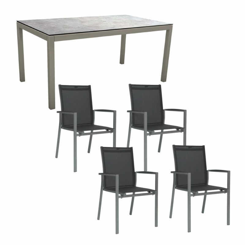 Stern Gartenmöbel-Set “New Levanto“ mit Tisch Alu/HPL, Gestelle Alu graphit, Textilgewebe silbergrau, Platte HPL Metallic Grau, 130x80 cm