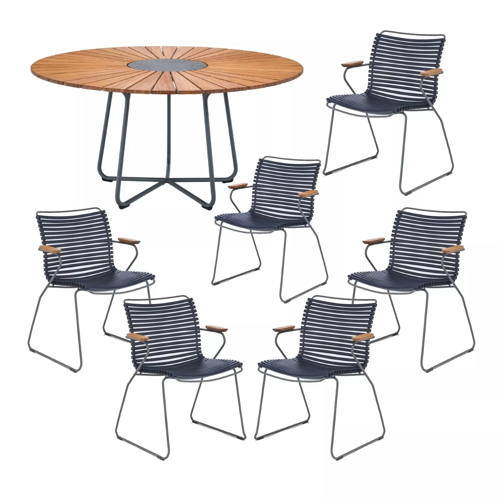 Houe Gartenmöbel-Set mit Tisch "Circle" Ø 150 cm und 6x Stapelsessel "Click", Lamellen dunkelblau, Tischplatte Bambus