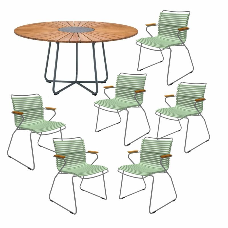 Houe Gartenmöbel-Set mit Tisch "Circle" Ø 150 cm und 6x Stapelsessel "Click", Lamellen dusty green, Tischplatte Bambus