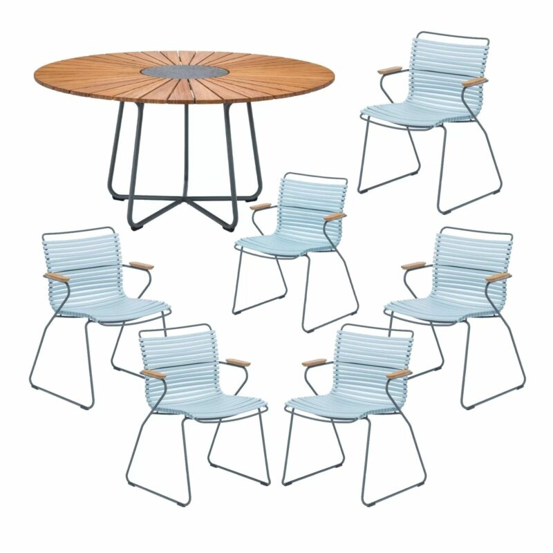 Houe Gartenmöbel-Set mit Tisch "Circle" Ø 150 cm und 6x Stapelsessel "Click", Lamellen hellblau, Tischplatte Bambus