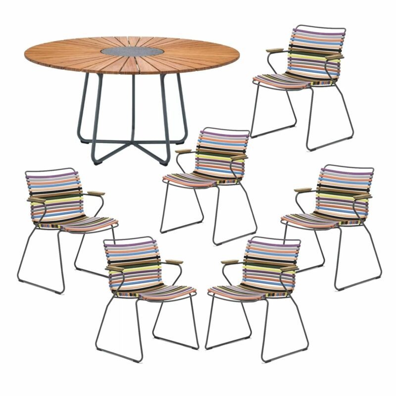 Houe Gartenmöbel-Set mit Tisch "Circle" Ø 150 cm und 6x Stapelsessel "Click", Lamellen multicolor 1 (warme Farben), Tischplatte Bambus