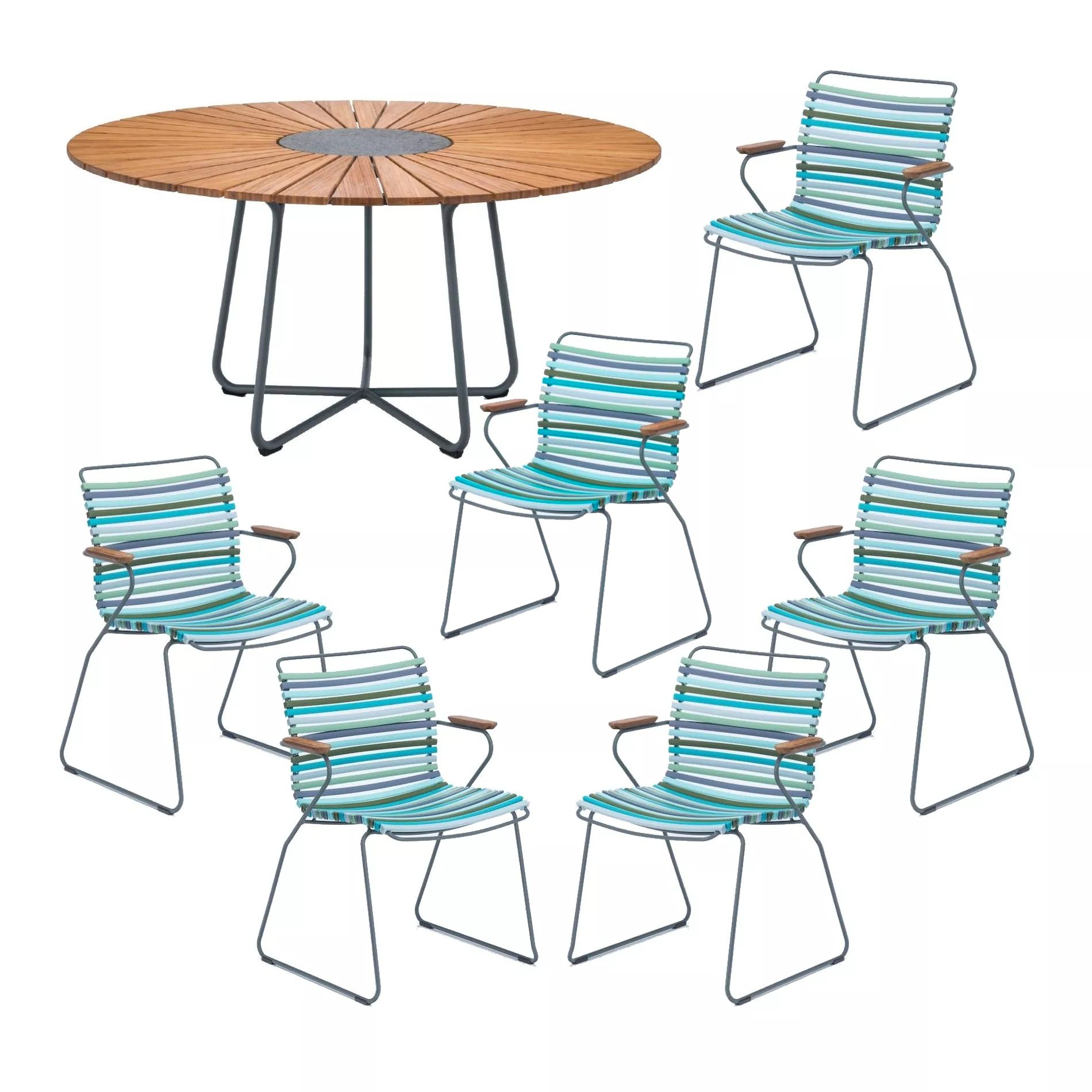 Houe Gartenmöbel-Set mit Tisch "Circle" Ø 150 cm und 6x Stapelsessel "Click", Lamellen multicolor 2 (kühle Farben), Tischplatte Bambus
