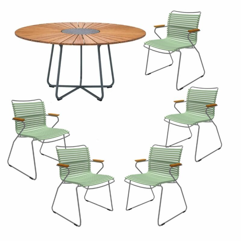 Houe Gartenmöbel-Set mit Tisch "Circle" Ø 150 cm und 5x Stapelsessel "Click", Lamellen dusty green, Tischplatte Bambus