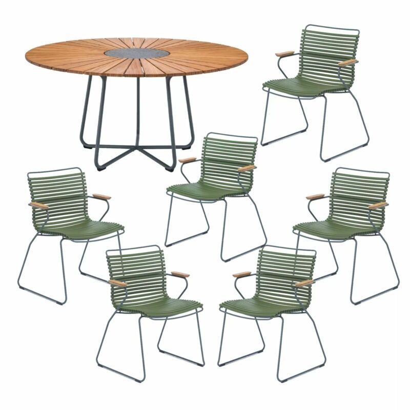 Houe Gartenmöbel-Set mit Tisch "Circle" Ø 150 cm und 6x Stapelsessel "Click", Lamellen olivgrün, Tischplatte Bambus