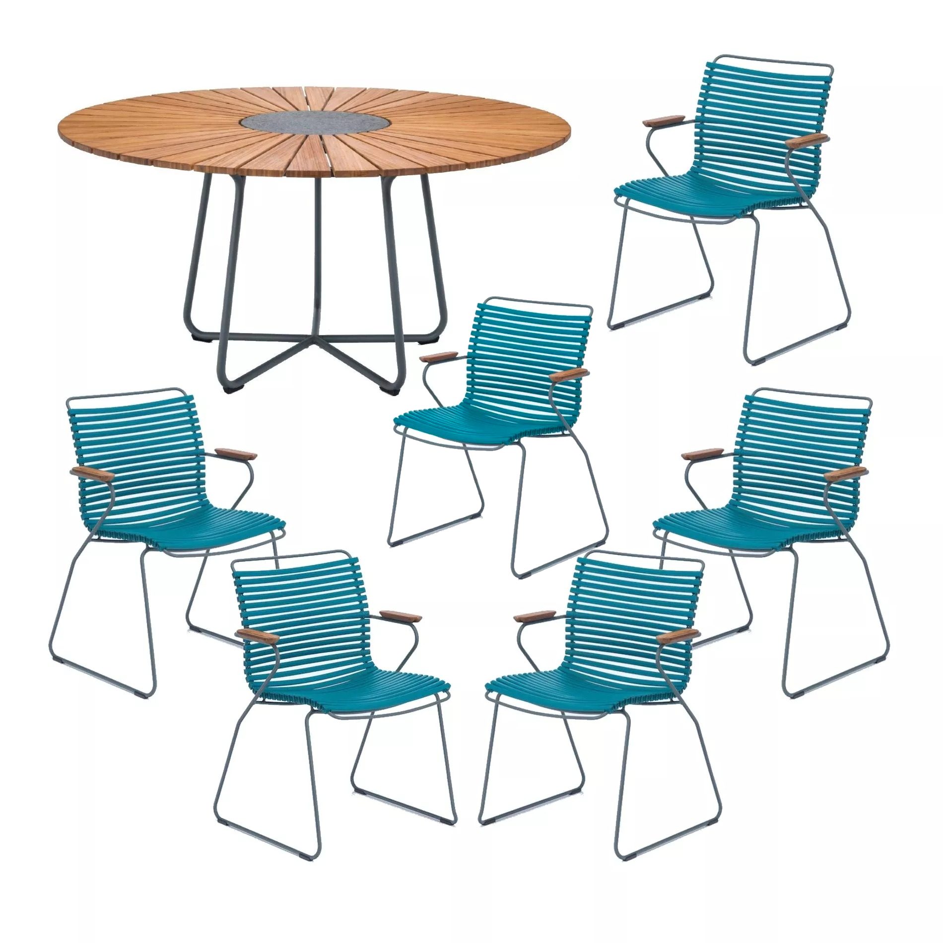 Houe Gartenmöbel-Set mit Tisch "Circle" Ø 150 cm und 6x Stapelsessel "Click", Lamellen petrol, Tischplatte Bambus