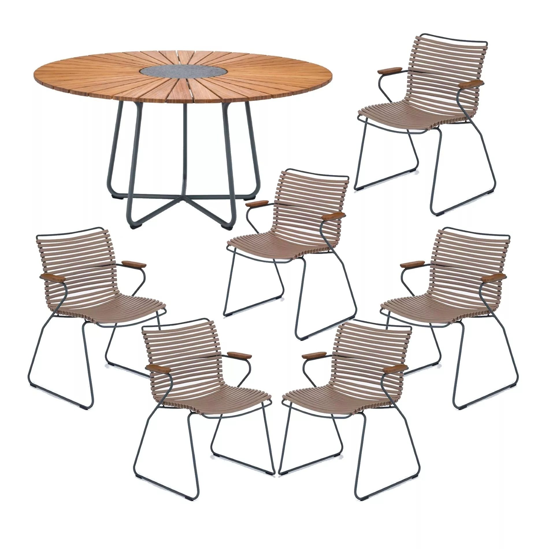 Houe Gartenmöbel-Set mit Tisch "Circle" Ø 150 cm und 6x Stapelsessel "Click", Lamellen sand, Tischplatte Bambus
