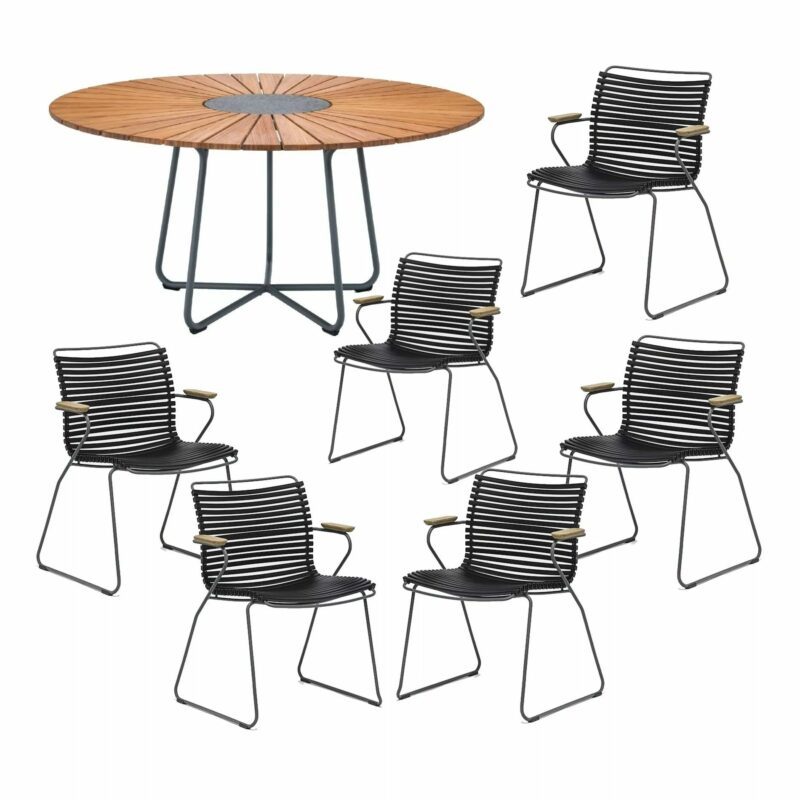 Houe Gartenmöbel-Set mit Tisch "Circle" Ø 150 cm und 6x Stapelsessel "Click", Lamellen schwarz, Tischplatte Bambus