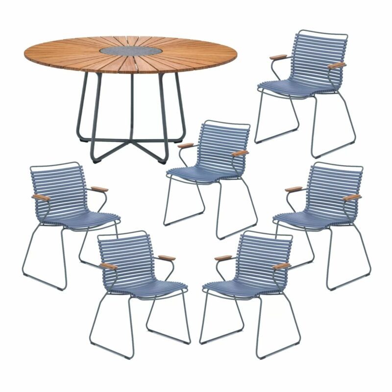 Houe Gartenmöbel-Set mit Tisch "Circle" Ø 150 cm und 6x Stapelsessel "Click", Lamellen taubenblau, Tischplatte Bambus