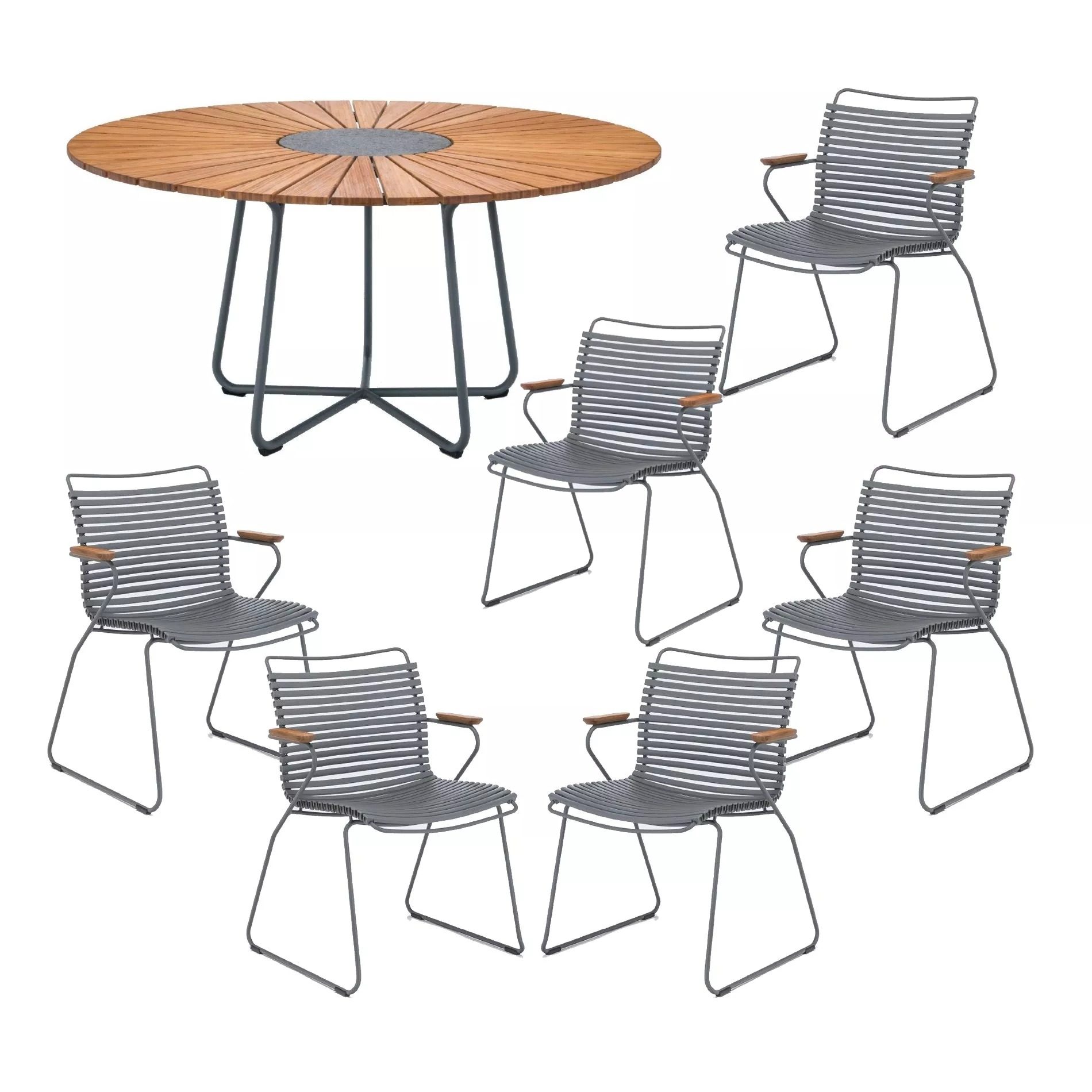 Houe Gartenmöbel-Set mit Tisch "Circle" Ø 150 cm und 6x Stapelsessel "Click", Lamellen dunkelgrau, Tischplatte Bambus
