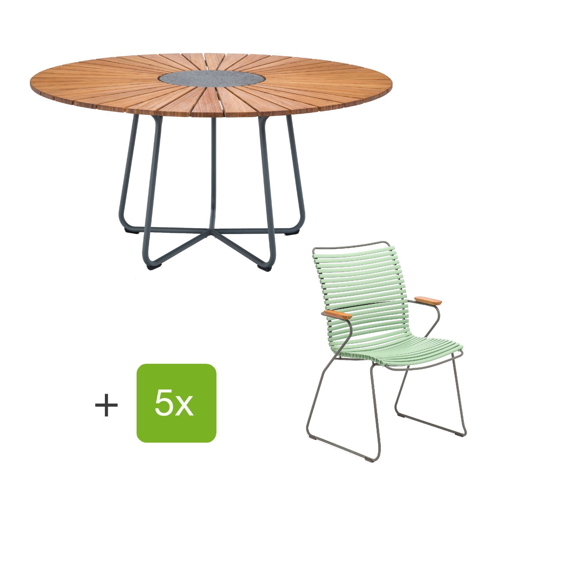 Houe Gartenmöbel-Set mit Tisch "Circle" und Stapelsesessel hoch "Click", Lamellen dusty green