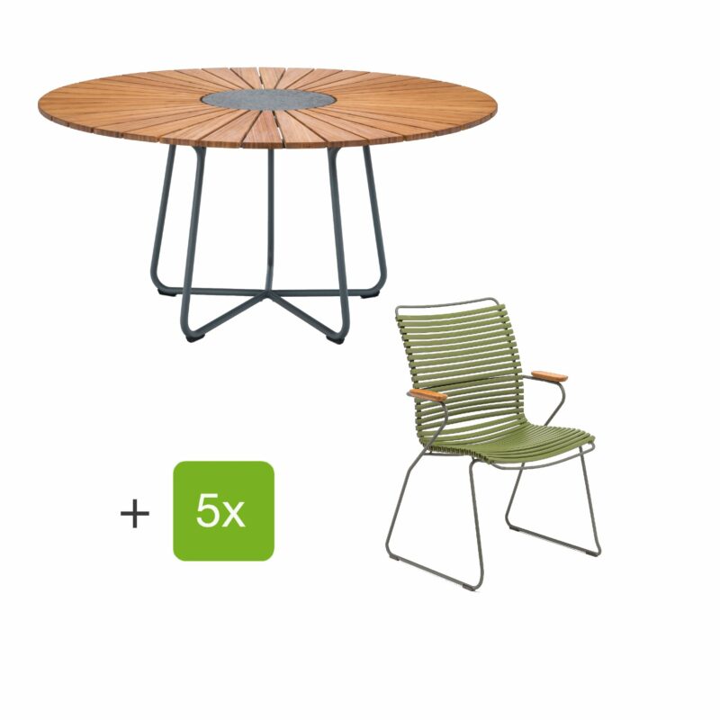 Houe Gartenmöbel-Set mit Tisch "Circle" und Stapelsesessel hoch "Click", Lamellen olivgrün