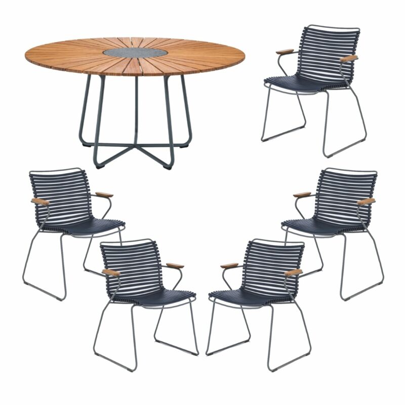 Houe Gartenmöbel-Set mit Tisch "Circle" Ø 150 cm und 5x Stapelsessel "Click", Lamellen dunkelblau, Tischplatte Bambus