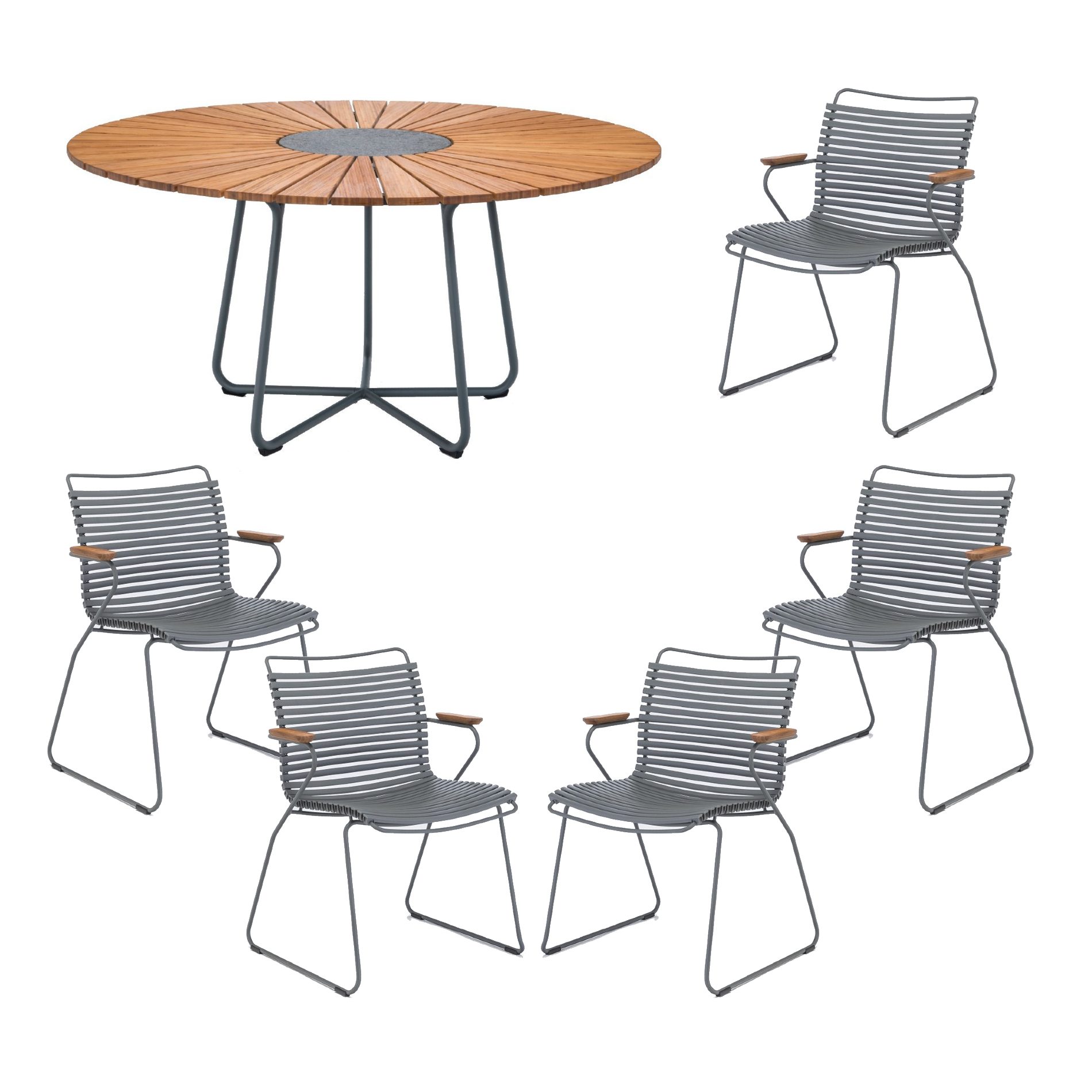 Houe Gartenmöbel-Set mit Tisch "Circle" Ø 150 cm und 5x Stapelsessel "Click", Lamellen dunkelgrau, Tischplatte Bambus