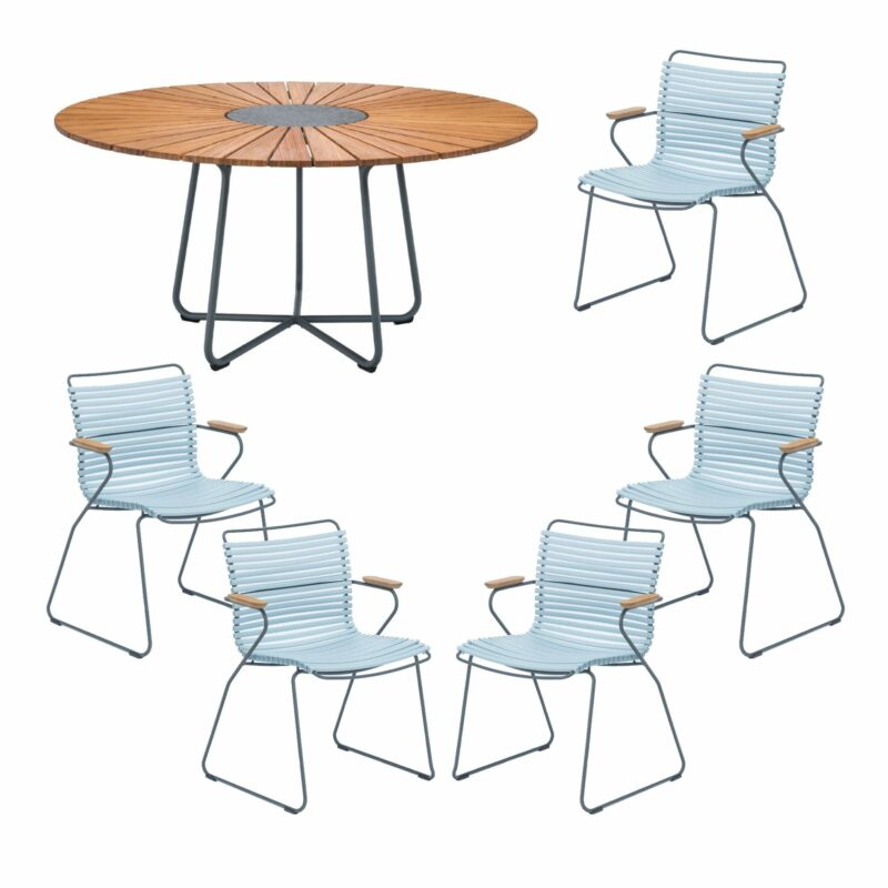 Houe Gartenmöbel-Set mit Tisch "Circle" Ø 150 cm und 5x Stapelsessel "Click", Lamellen hellblau, Tischplatte Bambus